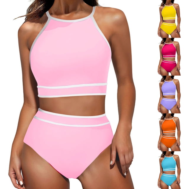 Sentmoon Women Bikini Set Womens Bikini Plus Size Swimsuit for Women Curvy Solid Color High Waisted Bathing Suits Beach Essentials for Lap Swimming and Training Red S