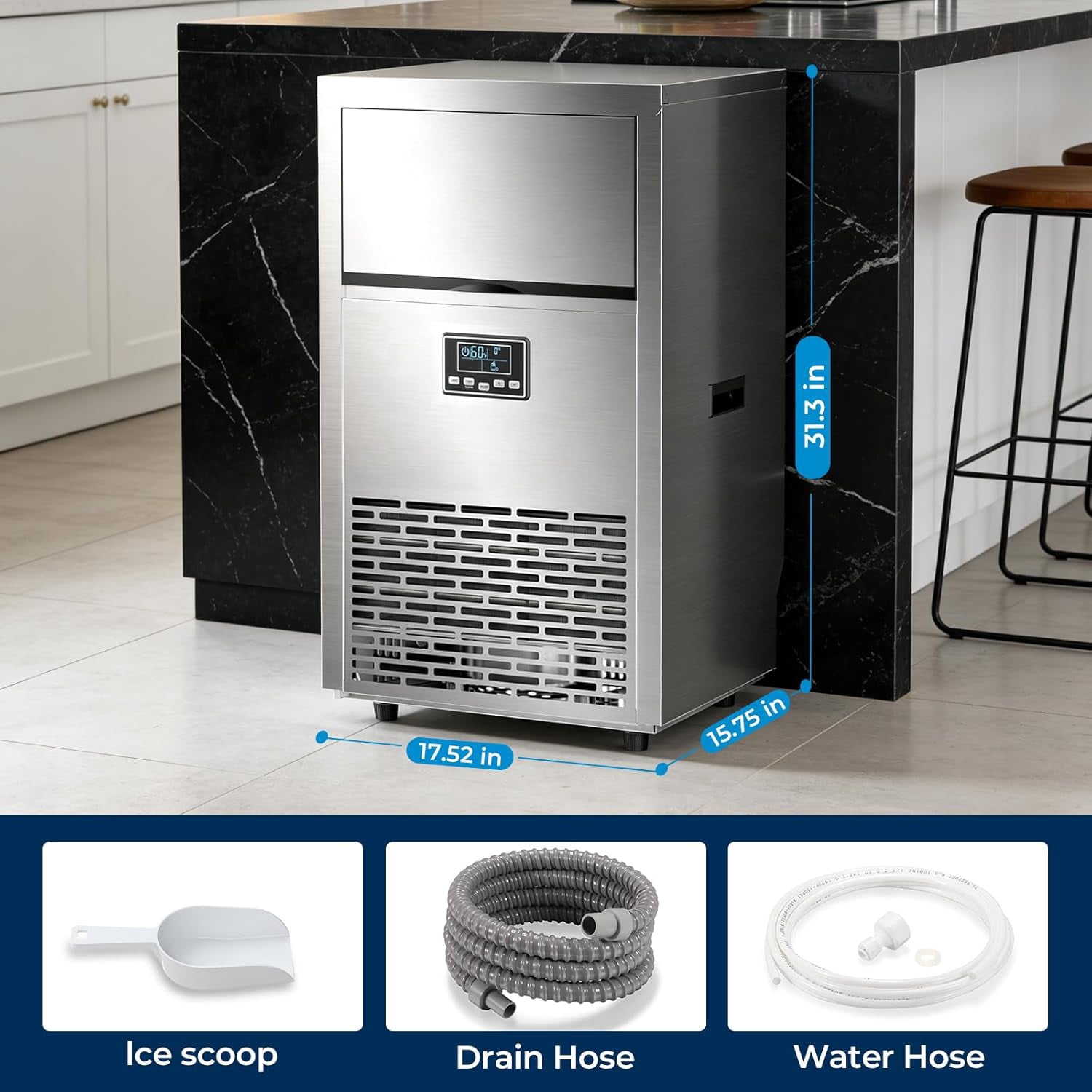WAA 100Lbs/24H Commercial Ice Maker Self-Cleaning, Adjustable Thickness for Restaurant Bar Home