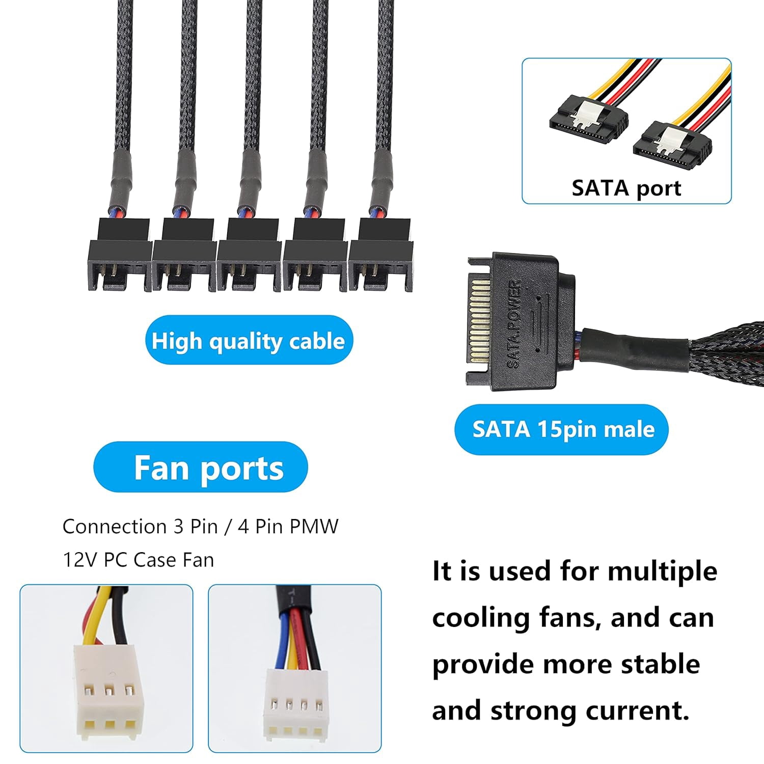 HRTGFD-SATA Cooler Fan Adapter Cable15 Pin SATA to 5 x 3/4 pin Fan Splitter Cable,15 Pin Male to 3 or 4 Pin Computer PC Case Fan Y Power Adapter Cable - 1.1Ft (Black- 1 to 5)