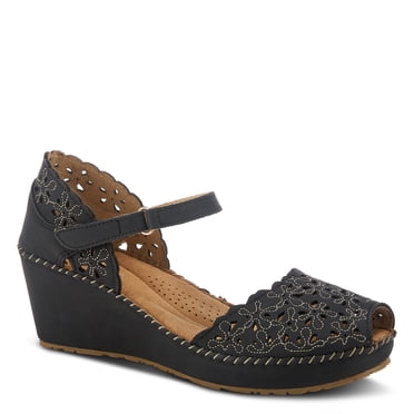 PATRIZIA Spring Step Gennina Wedge Sandals for Womens - Laser Cut Ladies Sandals with Embroidery - Hook and Loop Closure Womens Sandals