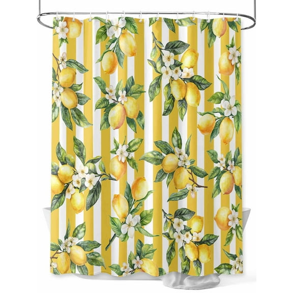 Shower Curtain Floral Lemon Bathroom Curtains with Hooks, Waterproof Fabric Fruit Leaves Yellow Stripes Bath Shower Curtains Set for Bathroom Bathtubs Decor 36x72 Inch