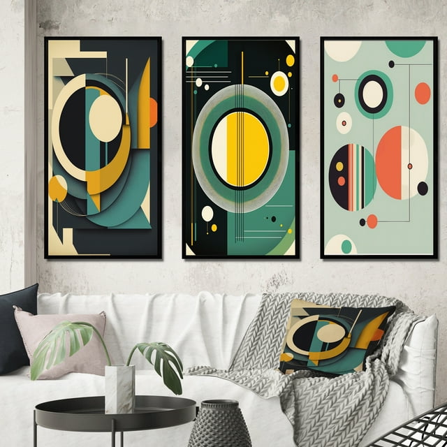 Designart "Retro Dimensions of the Mid-century Era I" Modern Midcentury Framed Wall Art Set Of 3 - Blue Abstract Midcentury Frame Gallery Set For Office Decor