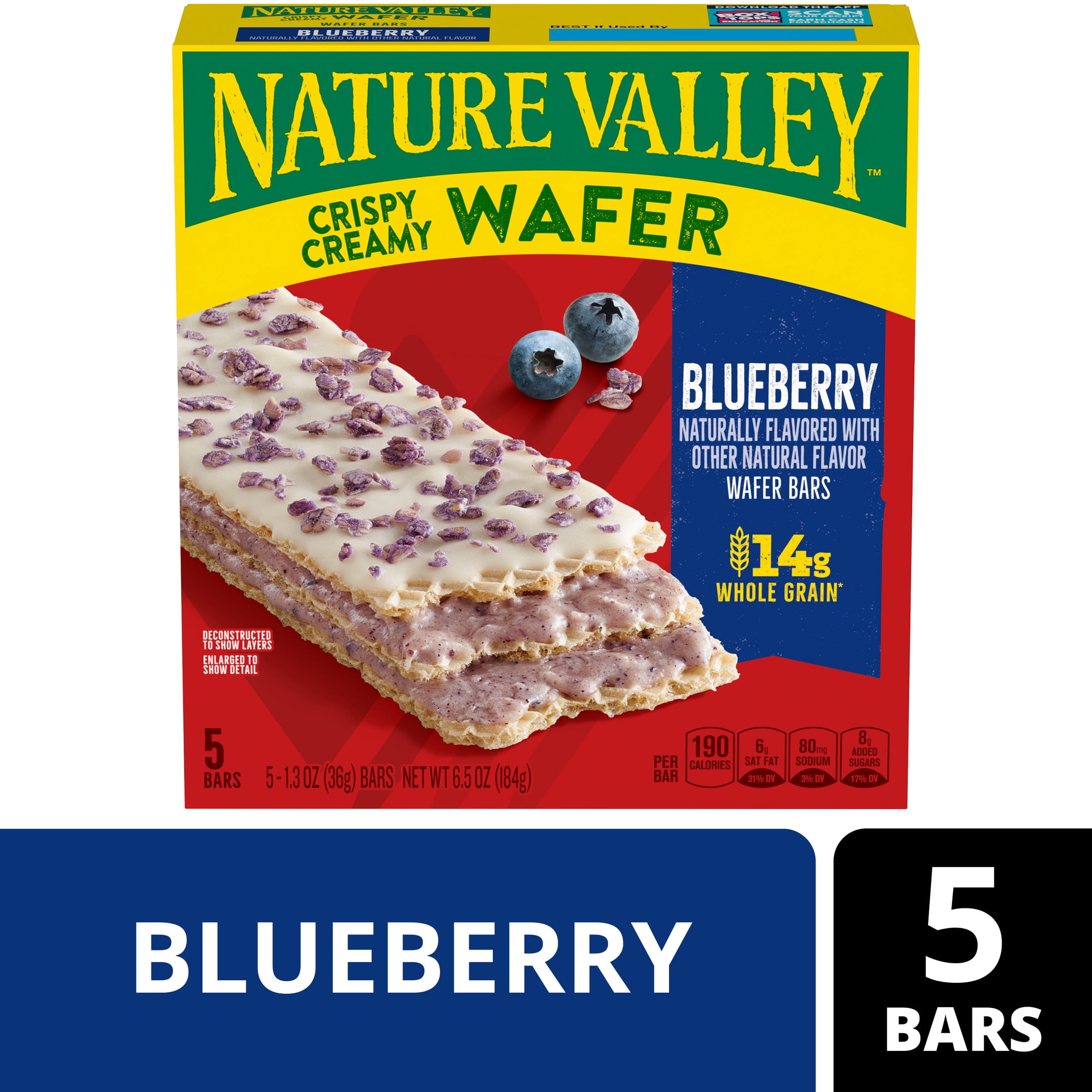 (6 pack) Nature Valley Crispy Creamy Wafer Bars, Blueberry, Whole Grain, 5 Bars, 6.5 oz