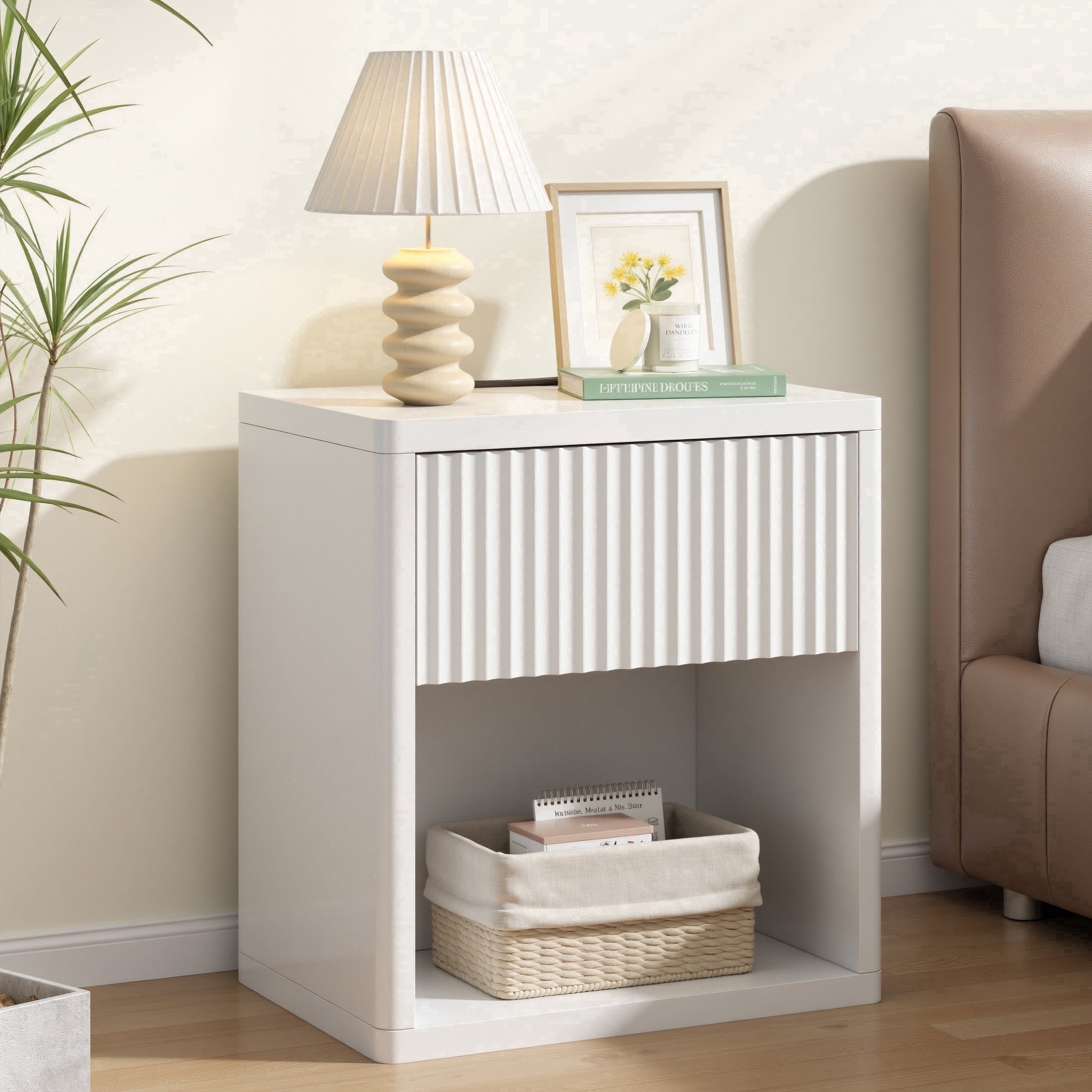 POLAHAKU Nightstand with Drawer USB Charging Station Storage Fluted Bed Side Table End Table Large Modern Wide Bedside Stand Mid Century for Bedroom Living Room Sofa Couch, White