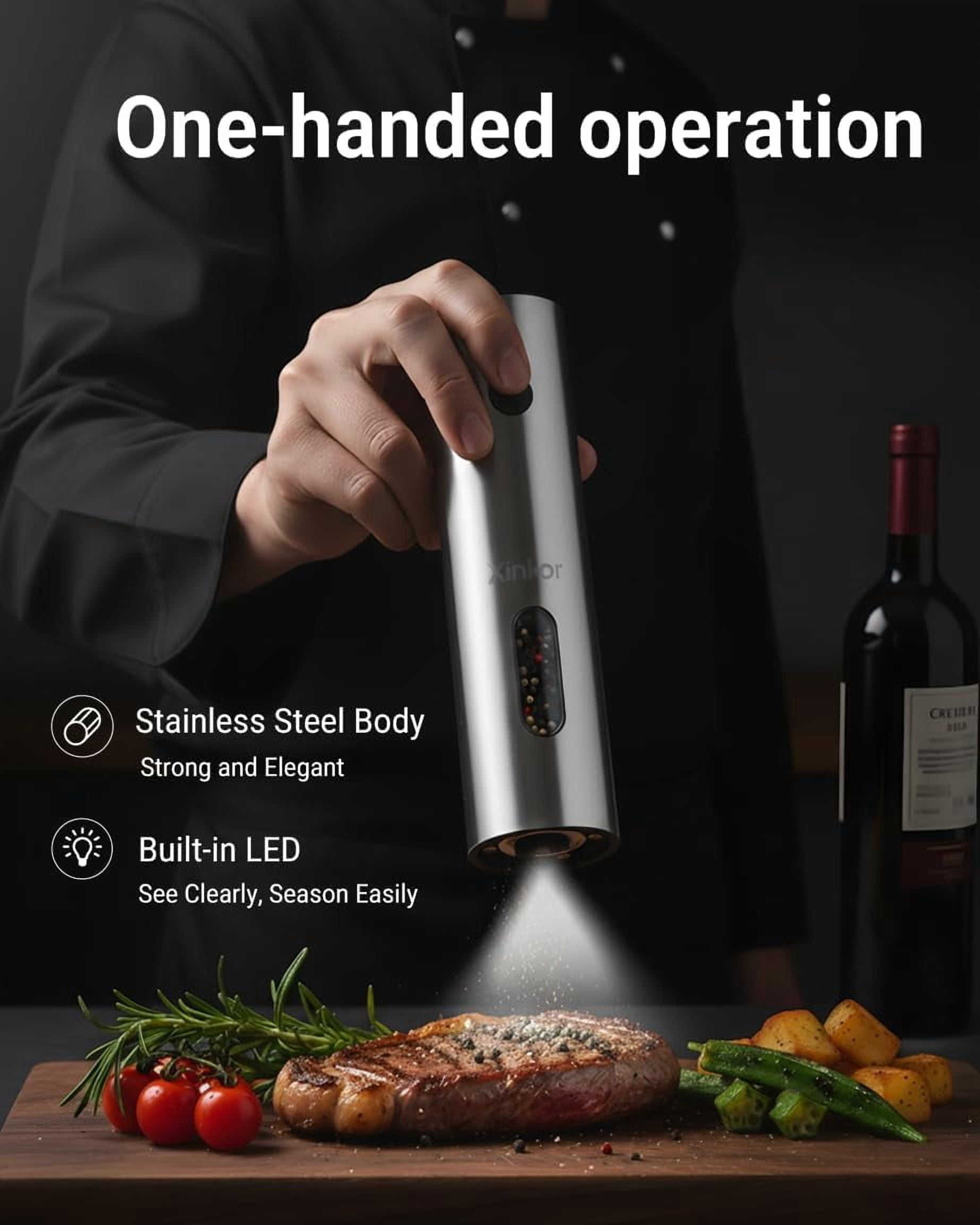 Electric Salt and Pepper Grinder Set with USB-C Charging Base, Stainless Steel Automatic Rechargeable Mill with LED Light & Large Capacity for Kitchen