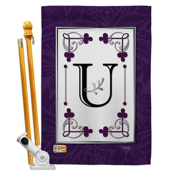 Breeze Decor BD-SB-HS-130021-IP-BO-D-US09-BD 28 x 40 in. Vertical Classic U Initial Interests Simply Beauty Impressions Decorative Double Sided House Flag Set with Pole & Bracket Hardware