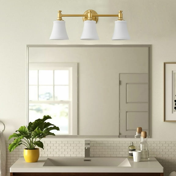 Brushed Gold Vanity Light with White Bell Glass Shades, Modern 3-Light Wall Sconce Fixture, E26 Base -- for Hallway, Bedroom & Bathroom