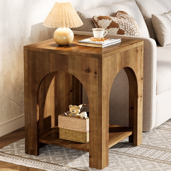 Finmind Farmhouse Wooden End Table with Arch Design, 2-Tier Storage Square Side Table for Living Room, Bedroom, or Office, Rustic Brown & Easy to Assemble