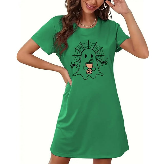 Sakmal Robes de Nuit Halloween Moomoo Femmes Vert Grande Taille Courte Douce Robe Mumu Manches Courtes Imprimé Fantôme Robes de Nuit pour Femmes