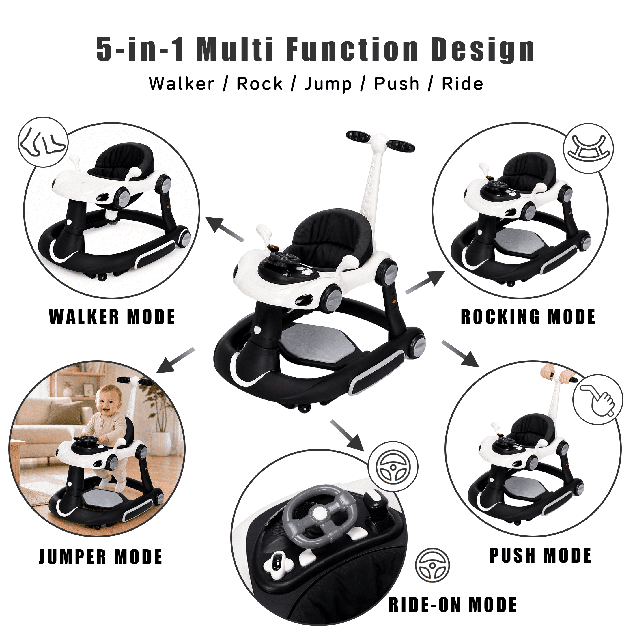 5 in 1 Baby Walker for Boys Girls,Foldable,Music,Light,Jumper,Rocking,Push,Height Adjustable Training Activity for Babies Infant 6-18 Months,Black