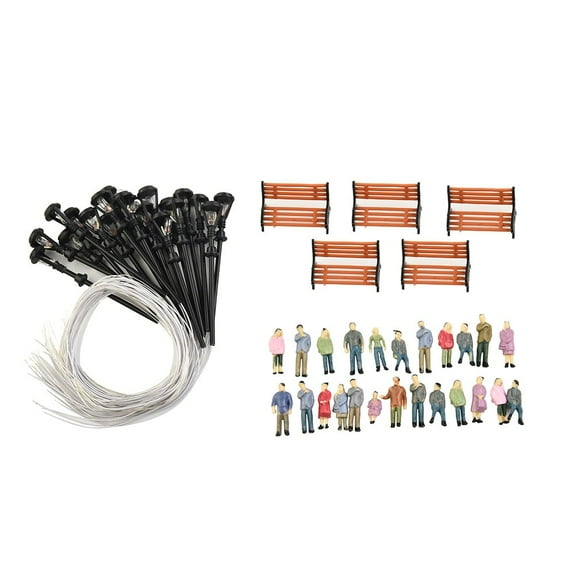 HO OO Scale 49-Piece Set: Painted People Figures, Benches, Lamp Posts for Model Train Scenery