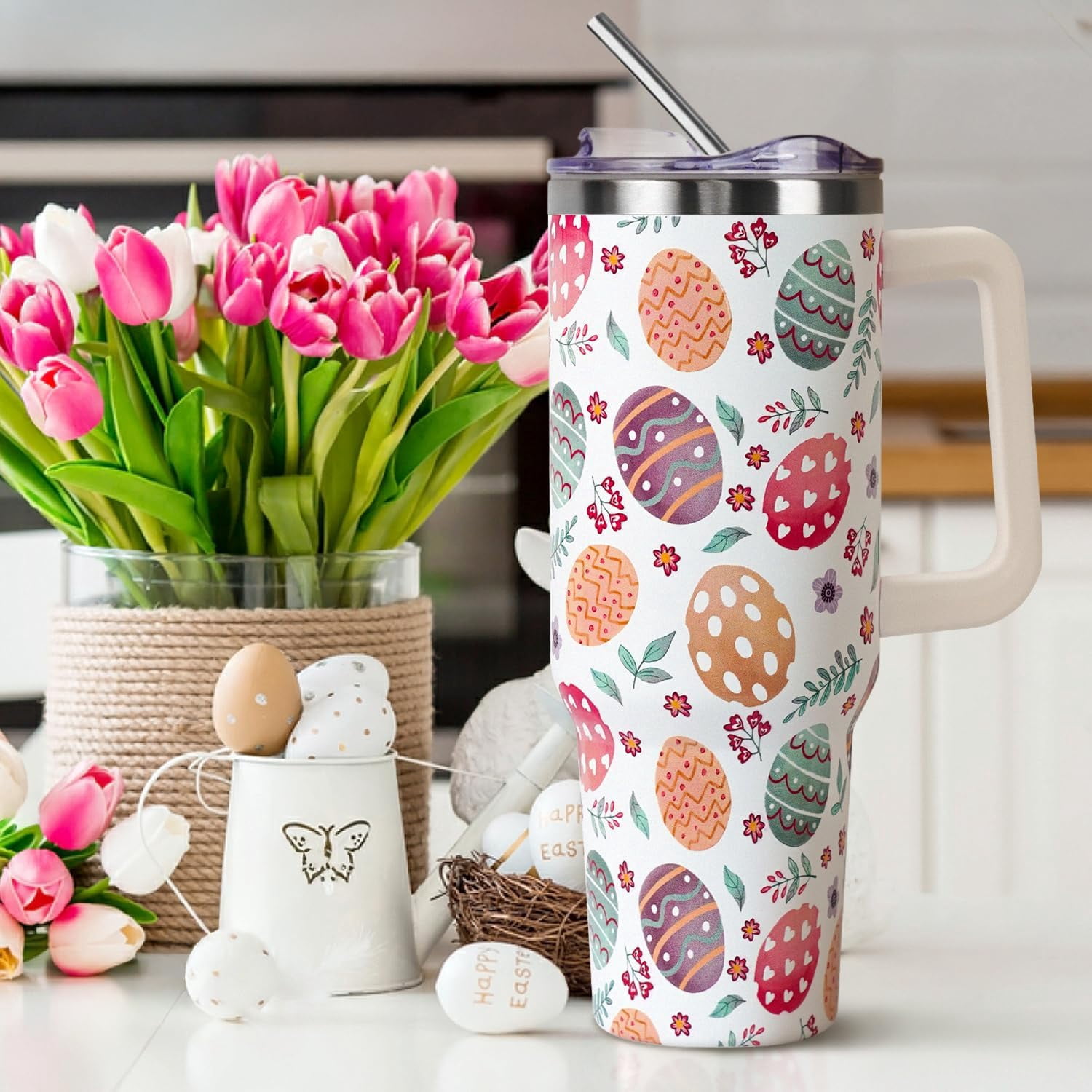 Easter Tumbler with Handle and Straw Lid 40 oz,Cute Easter Spring Gift for Women Men Eggs Floral Vacuum Insulated Leak Proof Stainless Steel Coffee Cup Mug