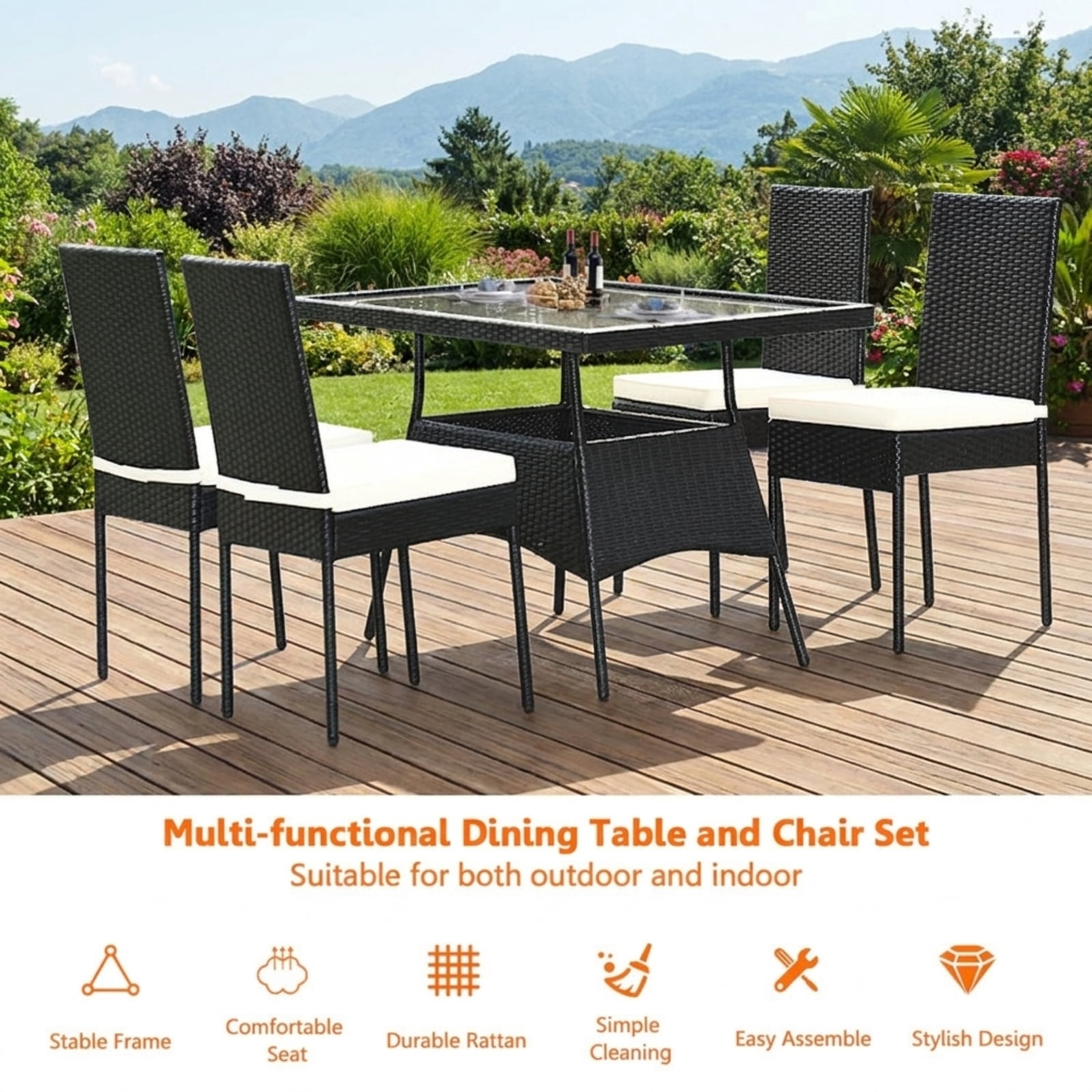 Furnibear 5 Piece Outdoor Patio Rattan Dining Set Wicker Conversation Furniture Set with Glass Top Table and Cushions, Black