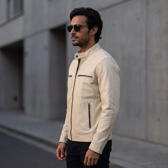 SHARO Men's Ivory Leather Striking, Stylish Outerwear Jacket