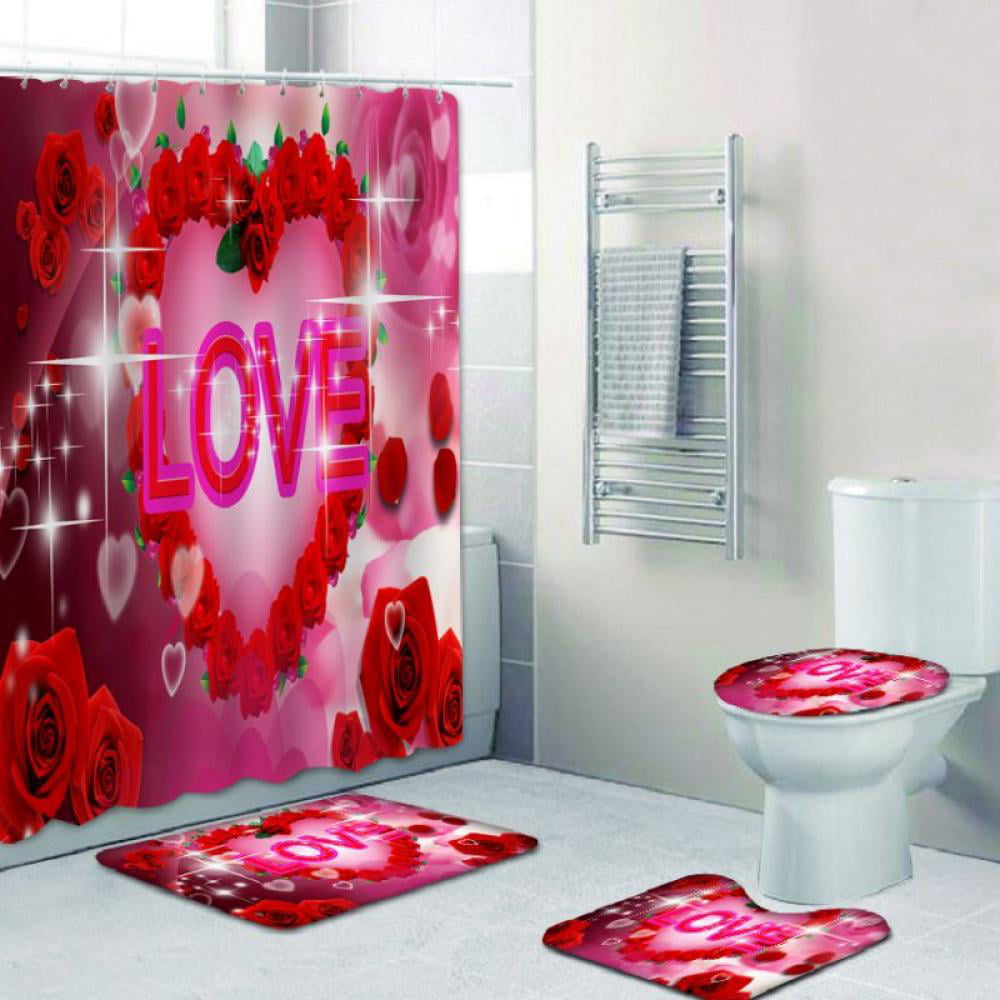 4Pcs Rose Heart Waterproof Shower Curtain Toilet Lid Cover Bath Mat  w/ 12 Hooks 