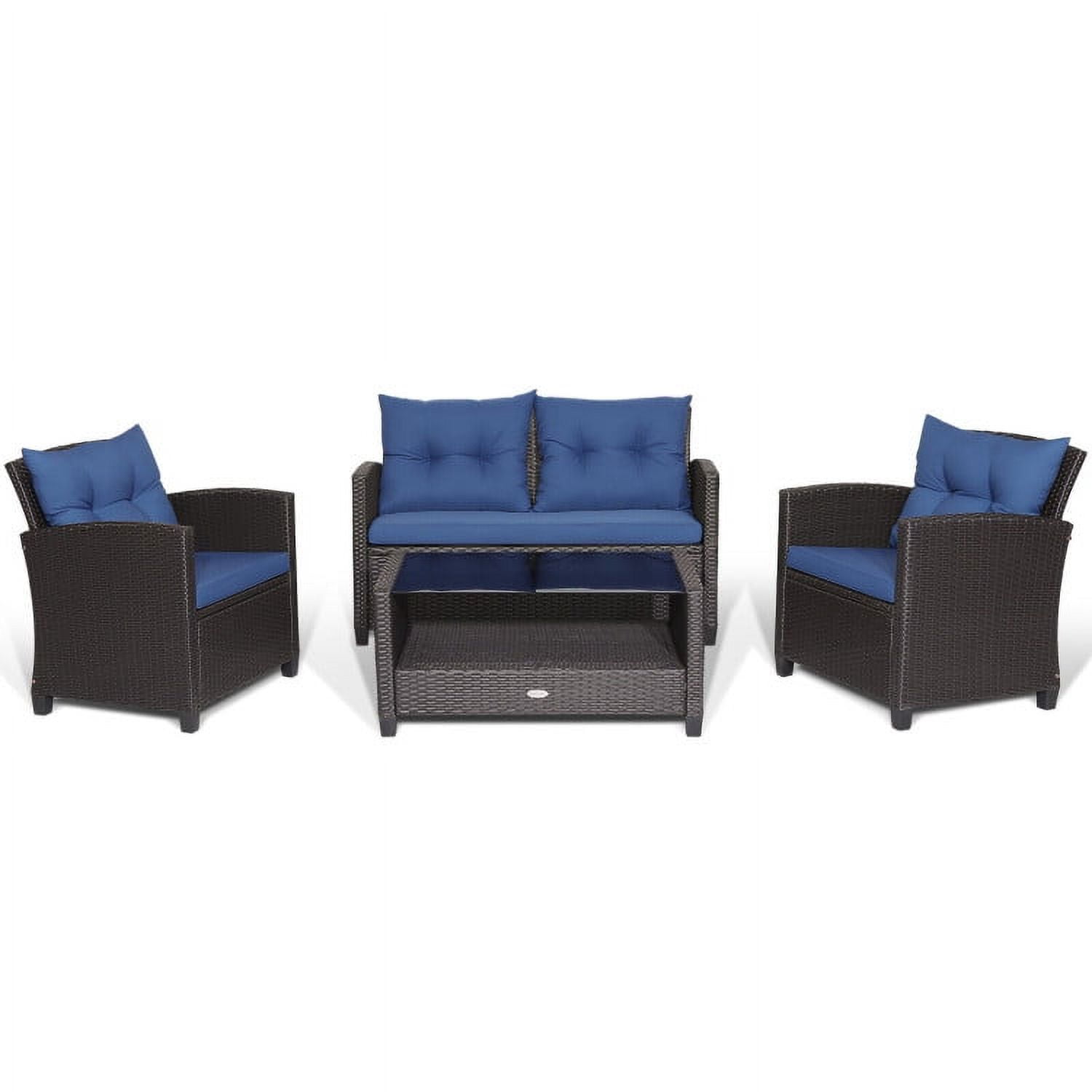 Aimee Lii 4 Pieces Wicker Patio Furniture Set with Tempered Glass Coffee Table, Wicker Outdoor Sectional, Navy Aimee Lii 4 Pieces Wicker Patio Furniture Set with Tempered Glass Coffee Table, Wicker Outdoor Sectional, Navy