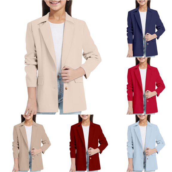 Little Girls' Long Sleeve Shirt Lapel Collarss with Inner Pocket Open Front Casual Kids Suit Size 5-6T ,Beige