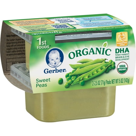 Gerber 1st foods organic Gerber produces their own organic food and ensures the quality of their fields by performing rigorous soil testing. Organic 1st Foods fruits include applesauce, bananas, pears and prunes. Vegetables include carrots, peas and sweet potatoes.