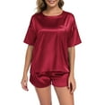 thumbnail image 2 of BEOEOSY Womens Satin Silky Pajama Set Short Sleeve High-low Hem Shirt with Short Pajama Pant Set,Wine Red, XL, 2 of 7