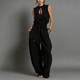 thumbnail image 2 of Tqcoqu Women's Sleeveless Tie Neck Cutout Romper,Elastic Waist Wide Leg Linen Blend Jumpsuit with Pockets & Back Zipper,Black Women's S-XXXL, 2 of 6