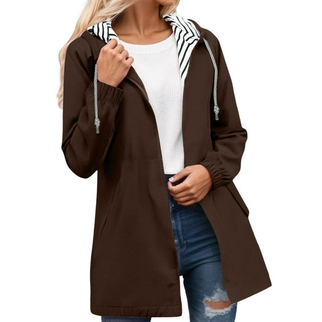 Anoraks Légers pour Femmes, Veste Coupe-Vent de Randonnée avec Capuche, Poches Rayées, Manteau d'Extérieur pour randonnée, Voyage et Usage Quotidien