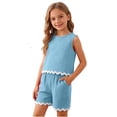 thumbnail image 4 of Tank Top Set for Girls, Solid Color Bubble Ruffle Trim Round Neck and Shorts 2-Piece Summer Casual Outfit for Kids, 4 of 9