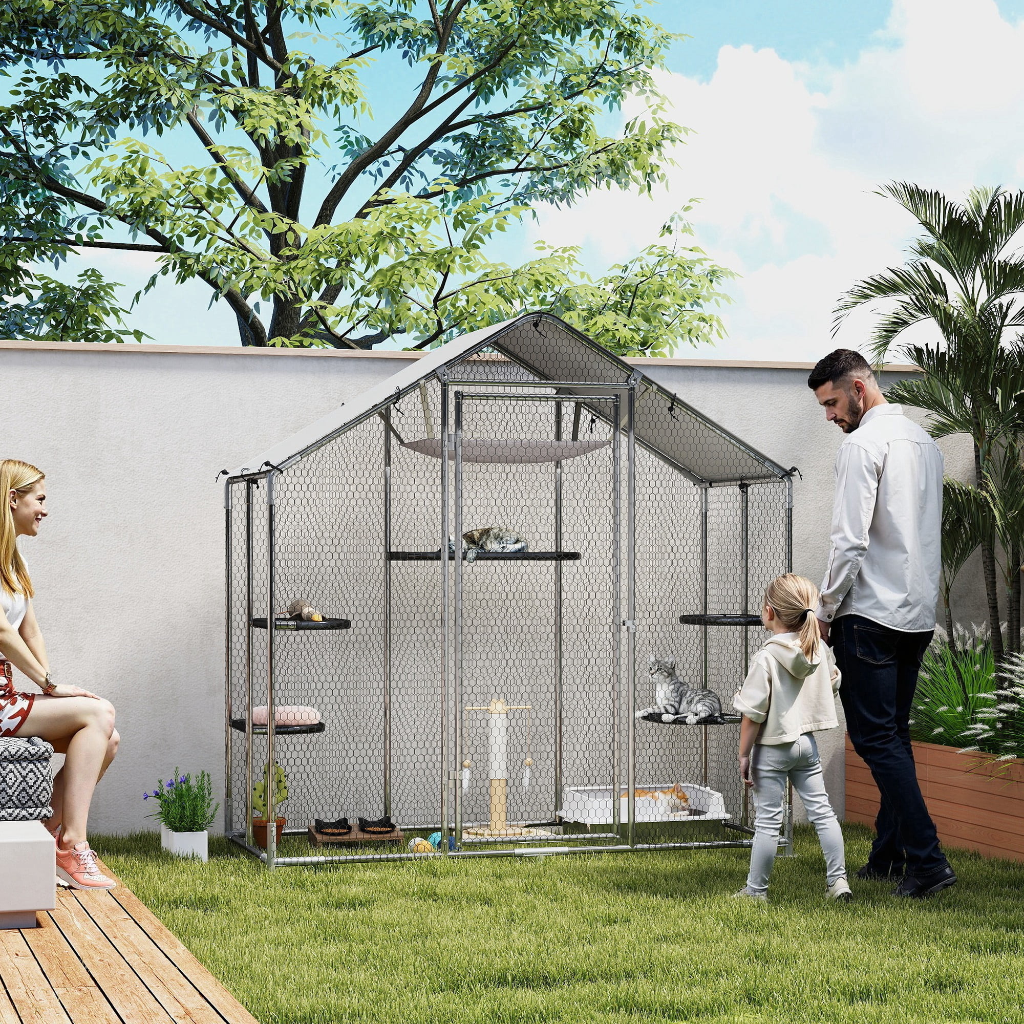 PawHut Large Catio Outdoor Cat Enclosure, Walk-in Cat Patio with 5 Adjustable Platforms for Multiple Kittens