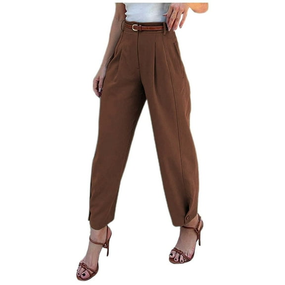 Huowey Pants for Women Elegant Solid Color Loose Fit Cropped Trousers High Waist Casual Suit Pants for Fashionable Wear