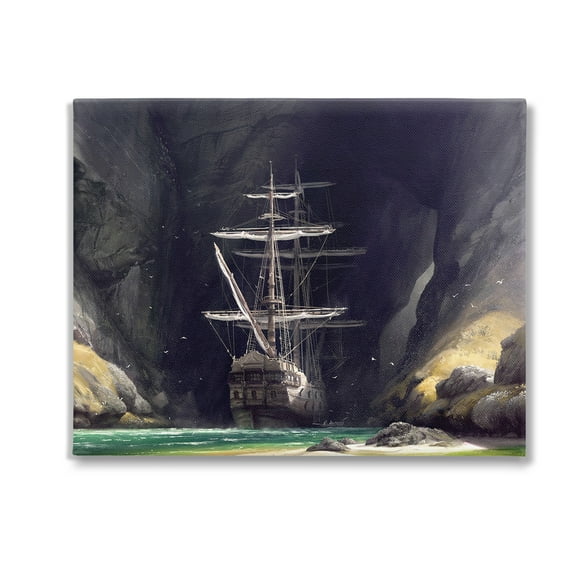 Stupell Industries Mysterious Ship in Cave Transportation Painting Gallery Wrapped Canvas Art Print Wall Art, 20 x 16