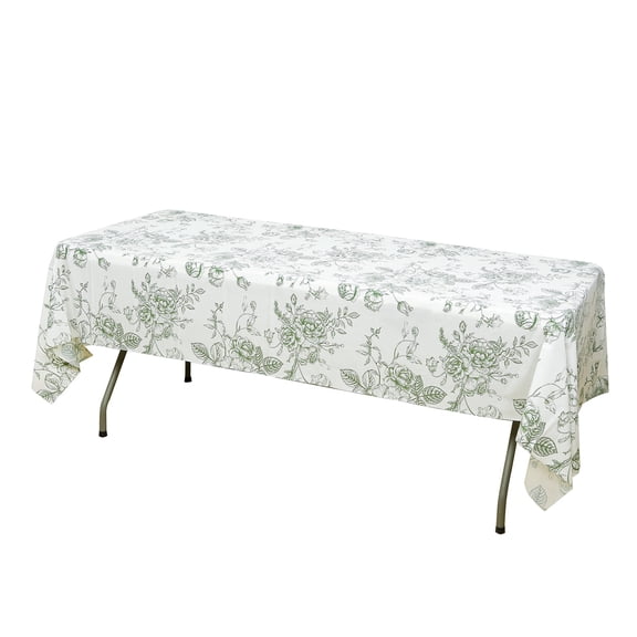 Efavormart 5-Pack Rectangular Plastic Tablecloths 54"x108" – White with Sage Green French Toile Pattern, PVC Waterproof Disposable Covers