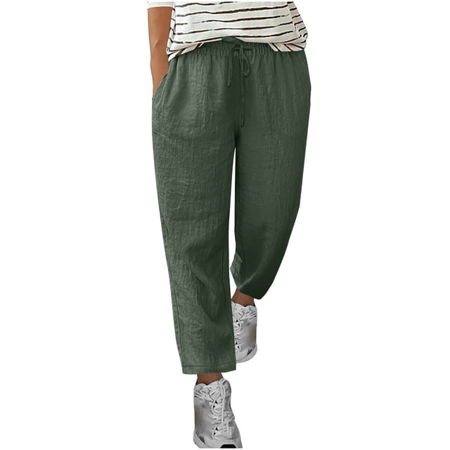 Yuyuzo Womens Cotton Linen Pants Drawstring High Waisted Lounge Pants Straight Leg Cropped Trousers
