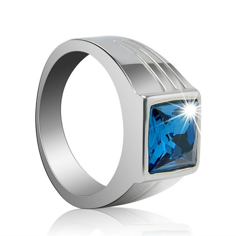 Opolski Men's Gorgeous Blue Square Rhinestone Wide Wedding Band