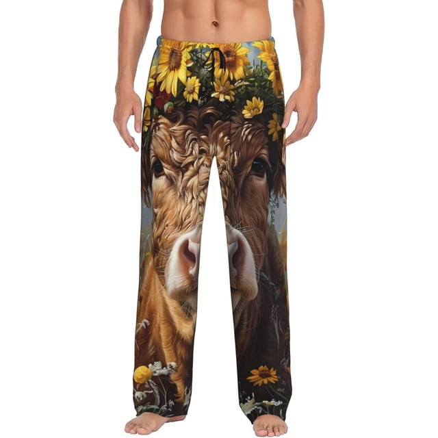 Balery Cute Cow Sunflower Crown A Pantalones de pijama para hombre, pijama ultraligero, pantalón de descanso-X-Large