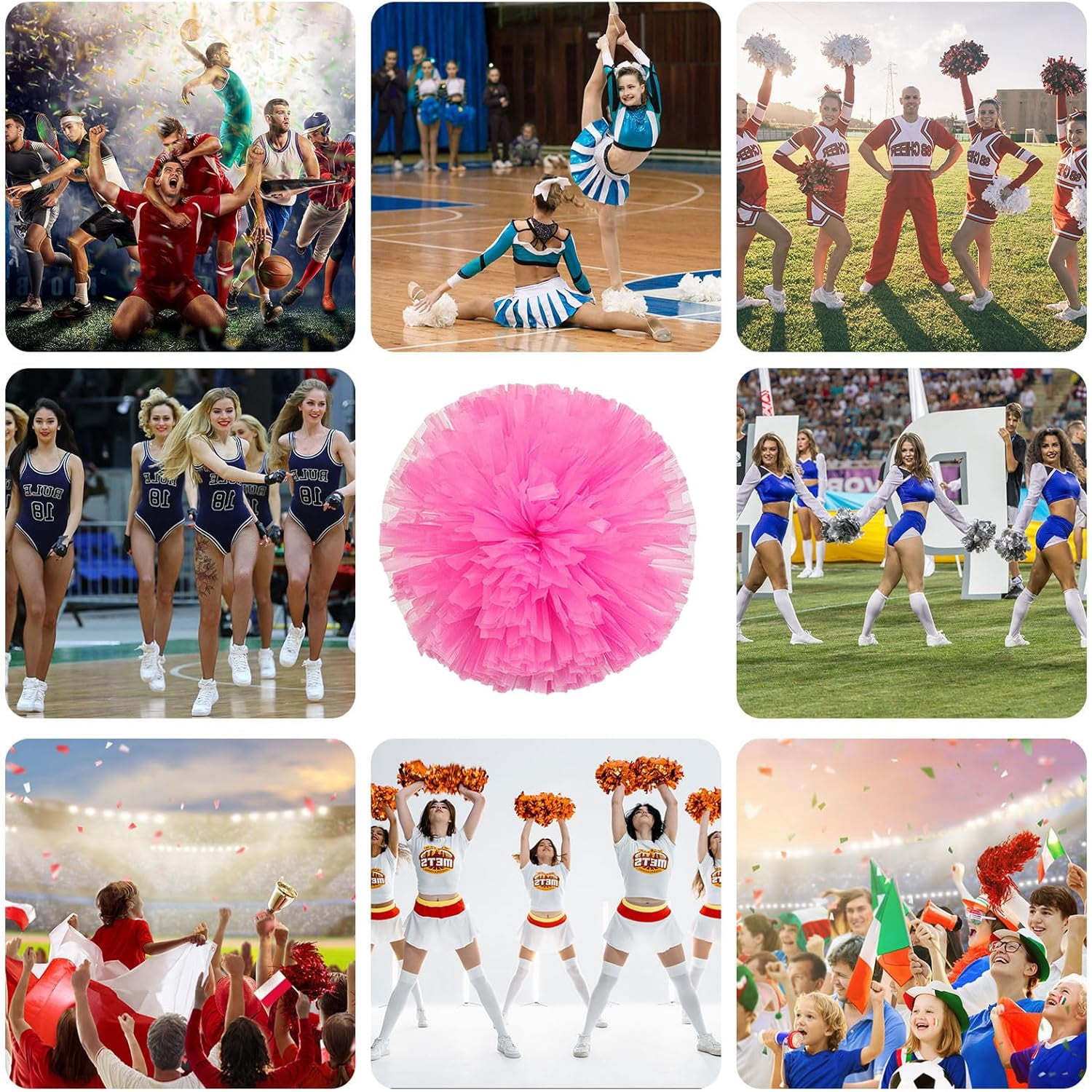 Cheerleader Pom Poms 12 Pack Sports Dance Cheering Plastic Metallic Cheerleading Pom Poms for Kids Adults-Ring Style