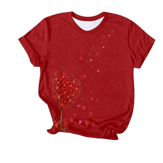Camiseta de Manga Corta de Cuello Redondo Impresa para las Mujeres Día de San Valentín, Mezcla Ligera de Poliéster para Primavera Verano Otoño