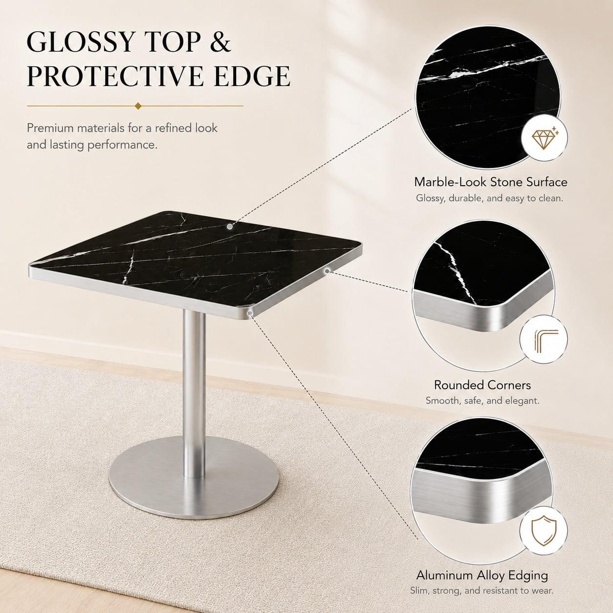 Aukfa 31.5" Square Dining Table for 2-4, Marble-Look Sintered Stone Top, Silver Pedestal Base, Small Spaces,Obsidian Black
