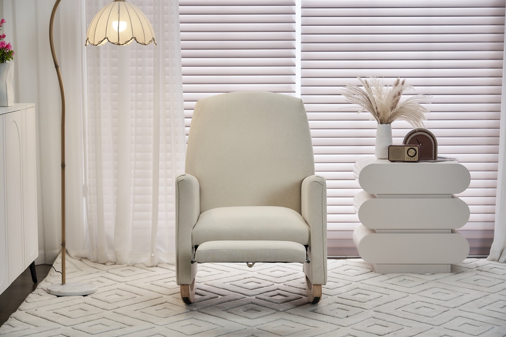 Rocking Chair Nursery Glider Chair with Adjustable FootRest, Nursery Rocking Chairs with Wood Legs Side Pocket, Cotton Linen High Back Nursing Chair, for Living Room, Bedroom, Cozy Reading, Beige
