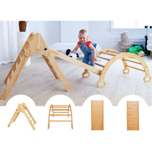 WEDANTA Foldable Climbing Toys Toddlers 4 in 1 - Pikler Triangle Climber Ramp Arch - Wooden Toddler Set 3 in 1 - Montessori Set - Pickler 3 Piece Gym for Kid