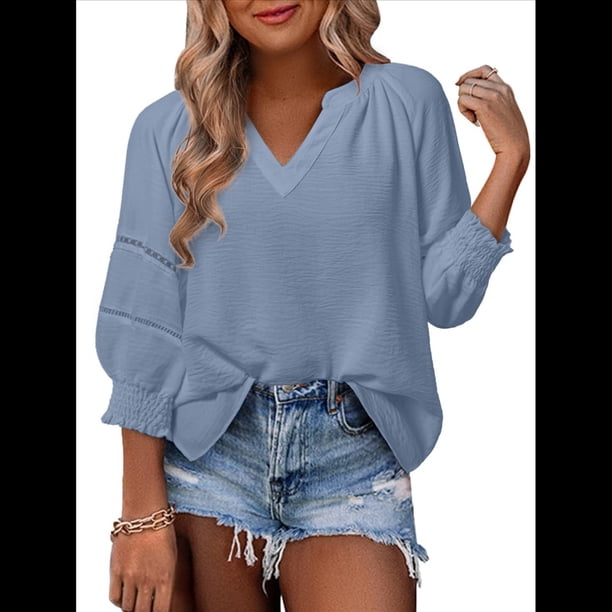 Blusas de 3/4 para Mujer, Blusas Plisadas Informales de Negocios con Cuello en V, Camisas Holgadas de Oficina Azul XL
