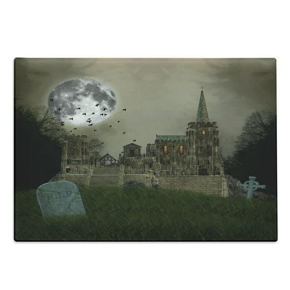 Gothic Cutting Board, Old Village and Graves with Medieval Castle and Full Moon Birds Fog Horror Art, Decorative Tempered Glass Cutting and Serving Board, Large Size, Beige Green, by Ambesonne