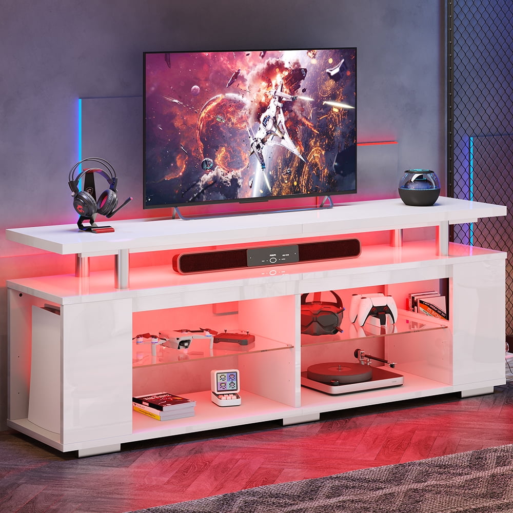 Pinmoco LED TV Stand for TVs up to 70", High Gloss Large Gaming Entertainment Center with Adjustable Shelf PS5 Storage TV Cabinet for Living Room, Bedroom, Game Room, White