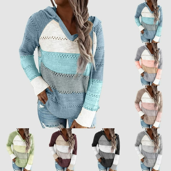Kaprioy Women Color Block Hooded Crochet Striped Sweaters Lightweight Drawstring Hoodies Pullover Trendy Sweatshirts Blue, L
