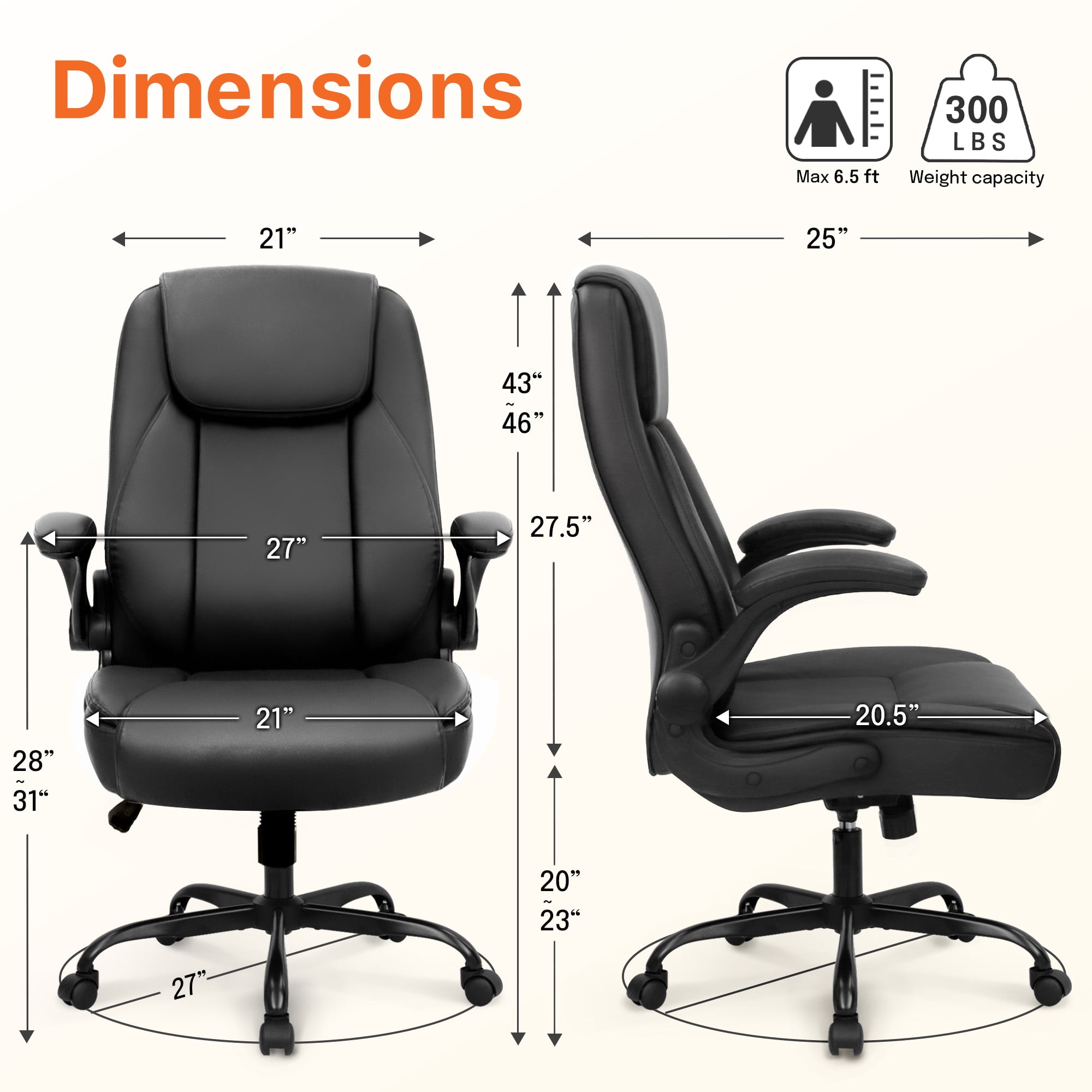 NEO CHAIR Ergonomic Office Desk Gaming Computer Chair Executive High Back Support Flip-up Arms Adjustable Height Swivel Rolling Wheels Comfy PU Leather for Home (Dark Black)