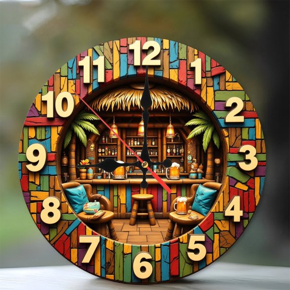 Tropical Tiki Bar Clock Wall Decor 10-Inch Silent Wooden Wall Clock, Battery Operated (AA Batteries Not Included), Artistic Home Decor