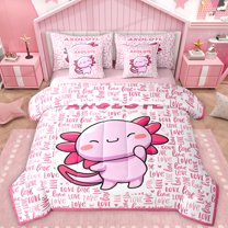 Feelyou Girly Pink Axolotl Twin Bedding Sets 7-Piece for Teen, Funny Ocean Animal Bedding Comforter Set, Kawaii Cartoon Theme Reversible Sheet Sets, Lightweight Room Decor