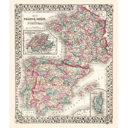 Historic Map - France Spain Portugal - Mitchell 1867 - Vintage Wall Art