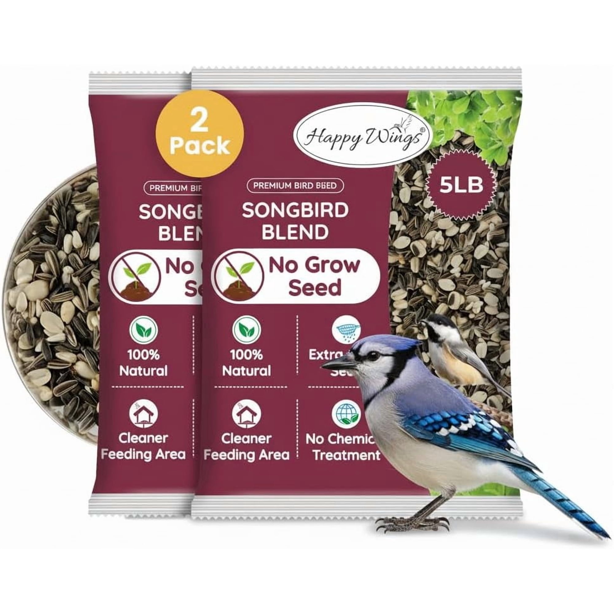 Happy Wings Songbird Blend Bird Food, Mix of Sunflower Seeds/Kernels, Safflower Seeds and Peanuts, 5 Pounds (Pack of 2)| No Grow Seed | Birdseed for Wild Birds, Dry