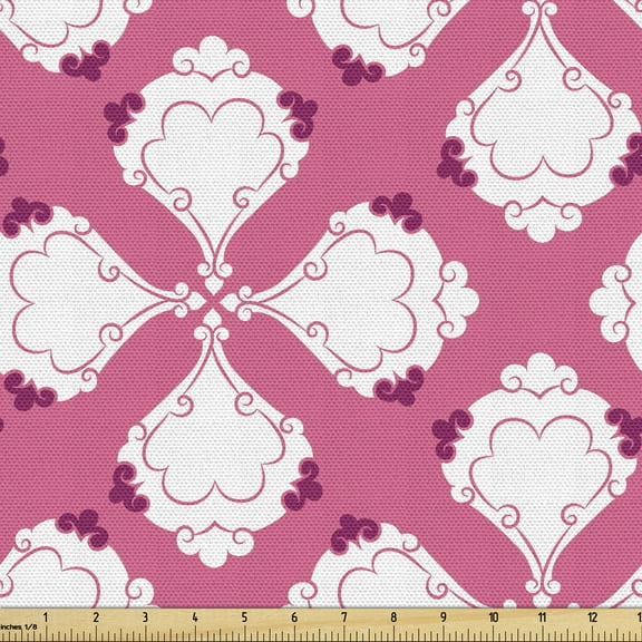 Pink and White Fabric by the Yard, Turkish Inspired Motifs in Pastel Tone Oriental Curves and Flowers, Decorative Upholstery Fabric for Chairs & Home Accents, 3 Yards, Pink White Magenta by Ambesonne