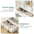 thumbnail image 2 of TROPOW Vanity Desk, Farmhouse Makeup Vanity with Mirror and Lights & Power Outlet, Glass Top Makeup Table with 2 Drawers and Storage Shelves, Dressing Table with Stool, White, 2 of 6