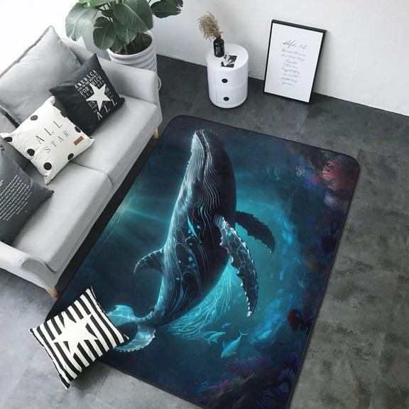 Area Rugs For Living Room Decor - Vintage Blue Pattern Whale Soft Anti Slip Throw Washable Rugs 5x7 For Bedroom, Indoor Carpet For Bedroom Living Room 80x58In